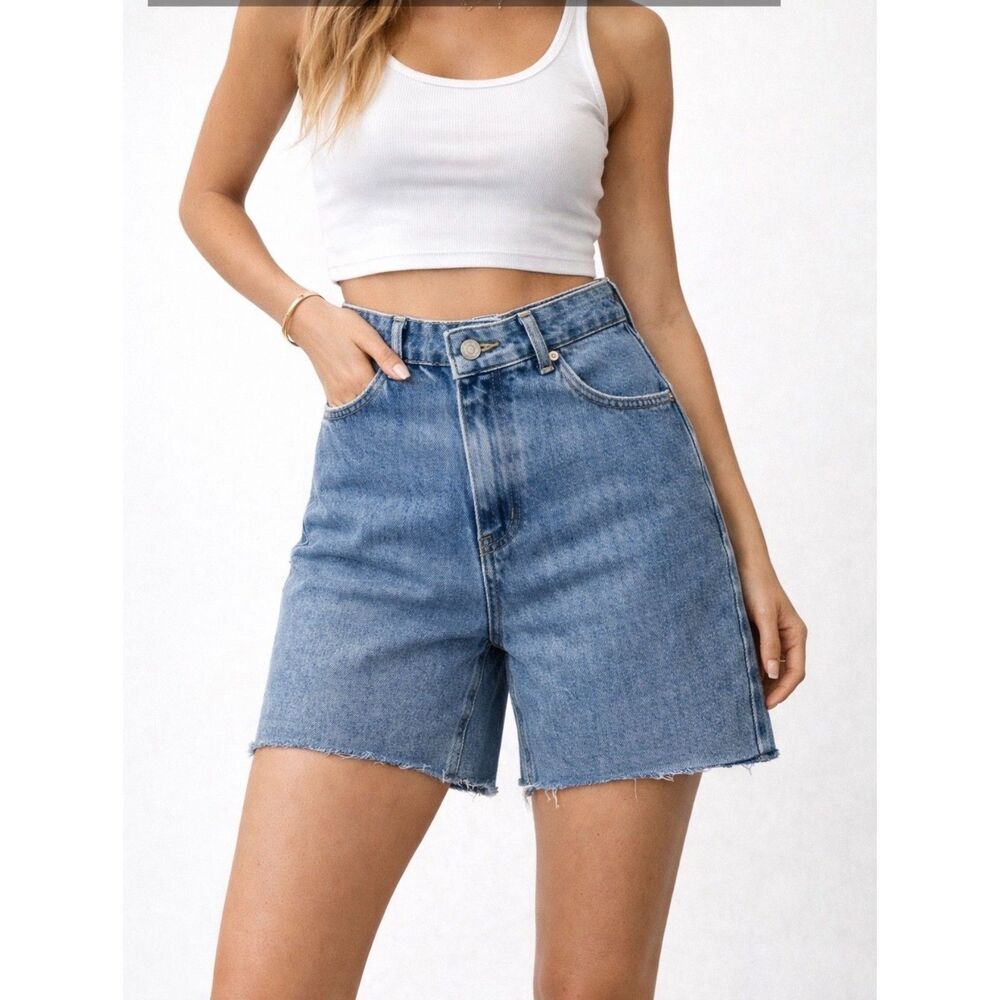 Y2K 90s High Waist Asymmetrical Denim Shorts Womens S Blue Mom Jean Summer